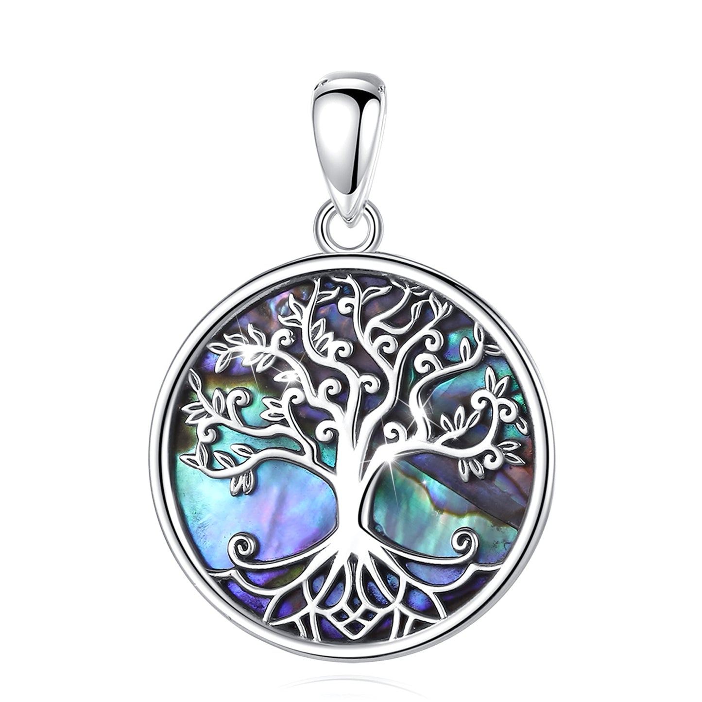 Exquisite Abalone Shell Tree of Life Necklace: sterling silver pendant with iridescent mother of pearl, 20.5x29mm.