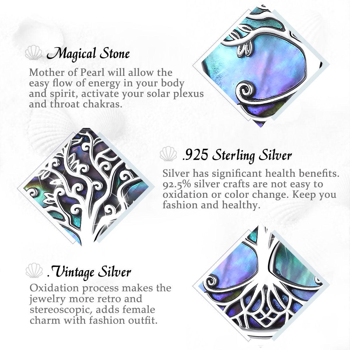 Exquisite Abalone Shell Tree of Life necklace with iridescent Mother of Pearl and .925 sterling silver, showcasing vintage pagan jewelry.