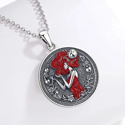 925 Sterling Silver Dark Goddess Persephone Necklace Pomegranate Skull Pendant Greek Mythology Jewelry