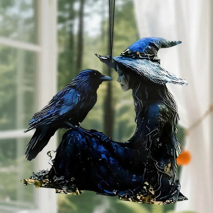 Acrylic Black & Blue Witch & Raven Hanging Ornaments Window Pendant Gothic Halloween Suncatcher Wall Decoration for Home & Party-MoonChildWorld