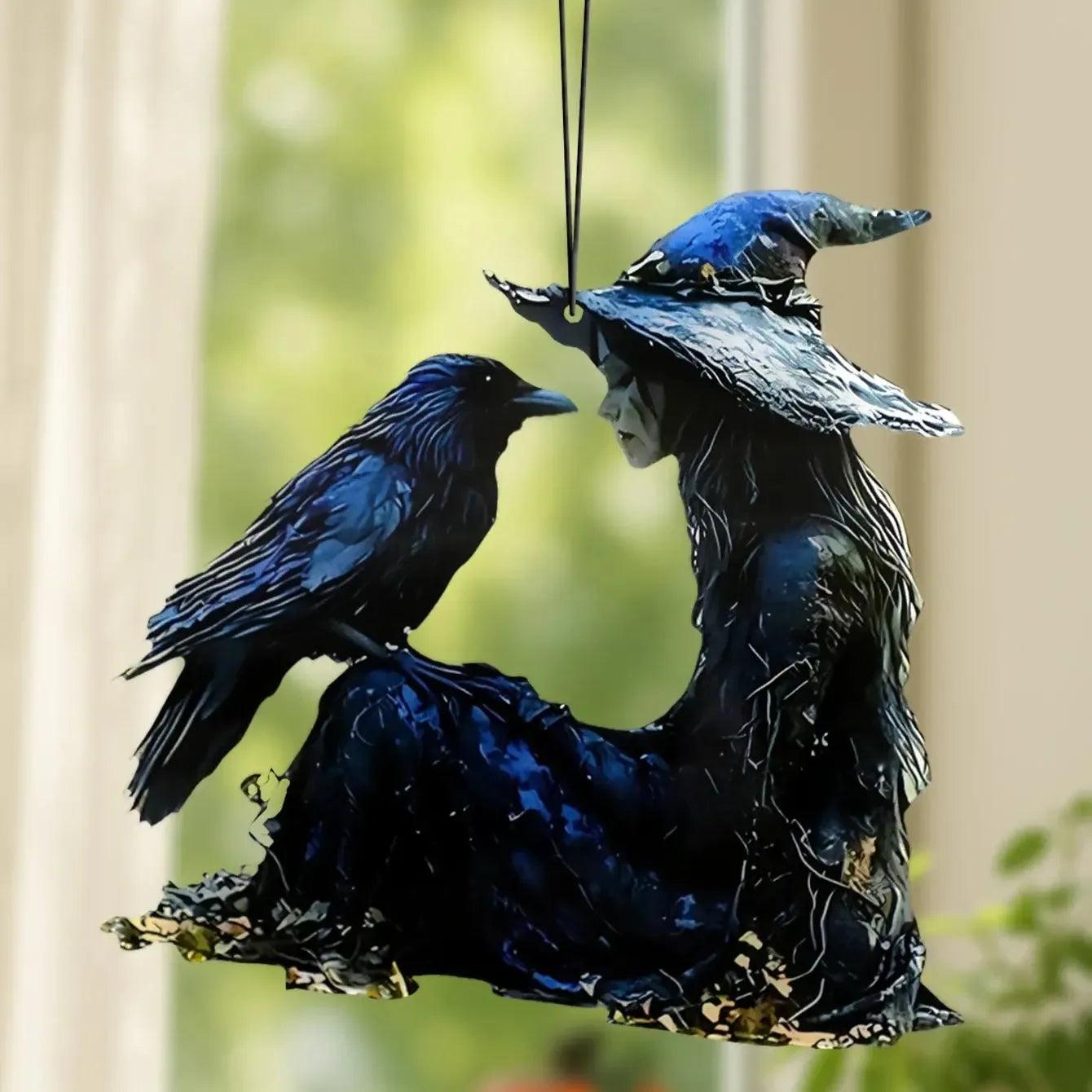 Acrylic Black & Blue Witch & Raven Hanging Ornaments Window Pendant Gothic Halloween Suncatcher Wall Decoration for Home & Party-MoonChildWorld