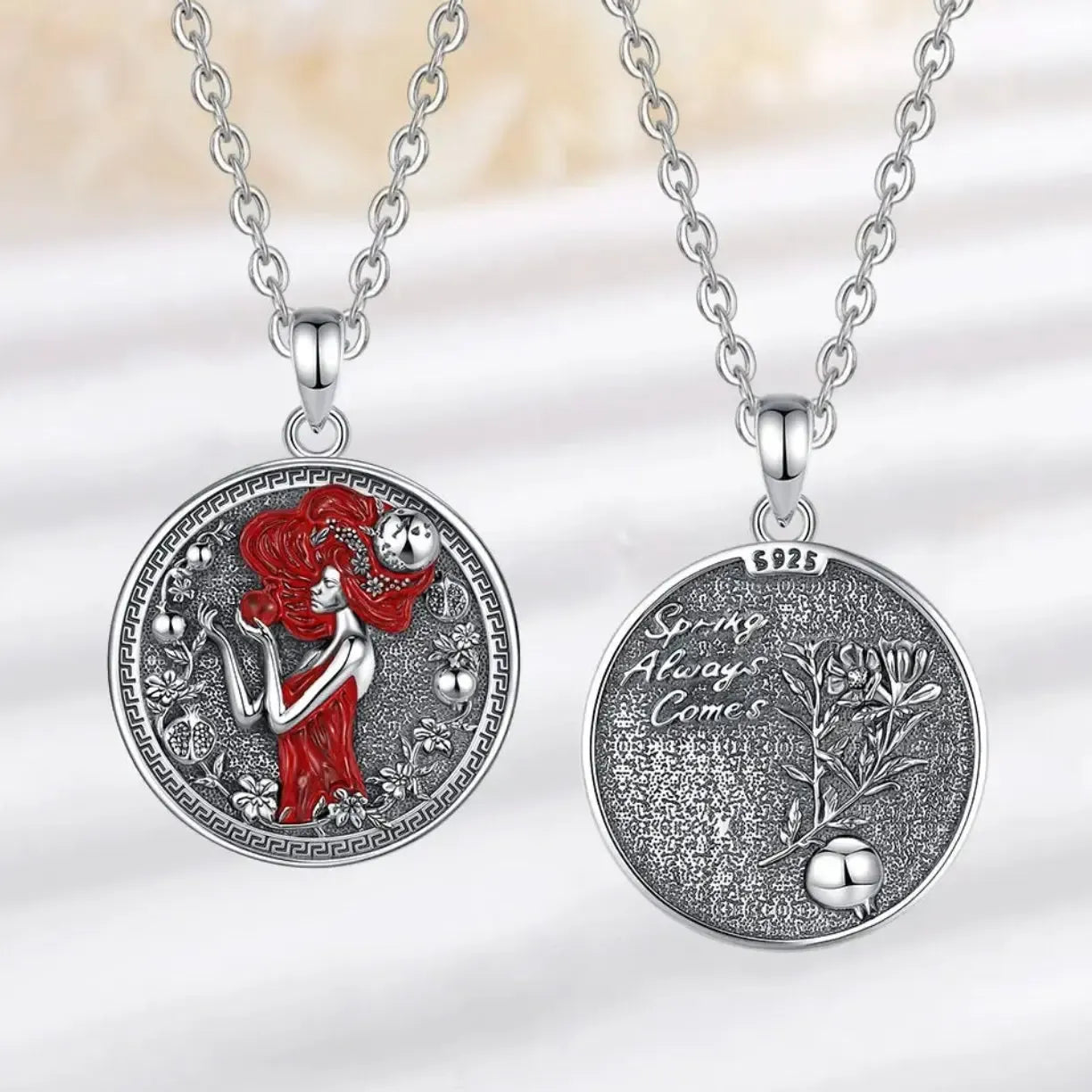 925 Sterling Silver Dark Goddess Persephone Necklace Pomegranate Skull Pendant Greek Mythology Jewelry