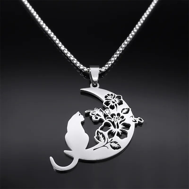 Aesthetic Flower Cat Moon Necklace-MoonChildWorld