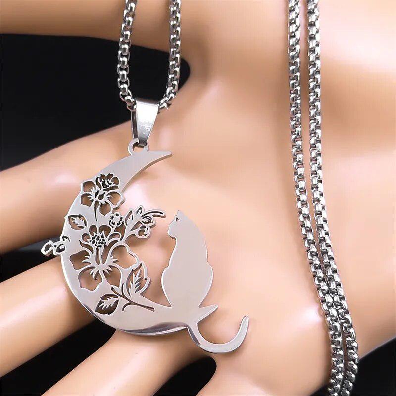 Aesthetic Flower Cat Moon Necklace-MoonChildWorld