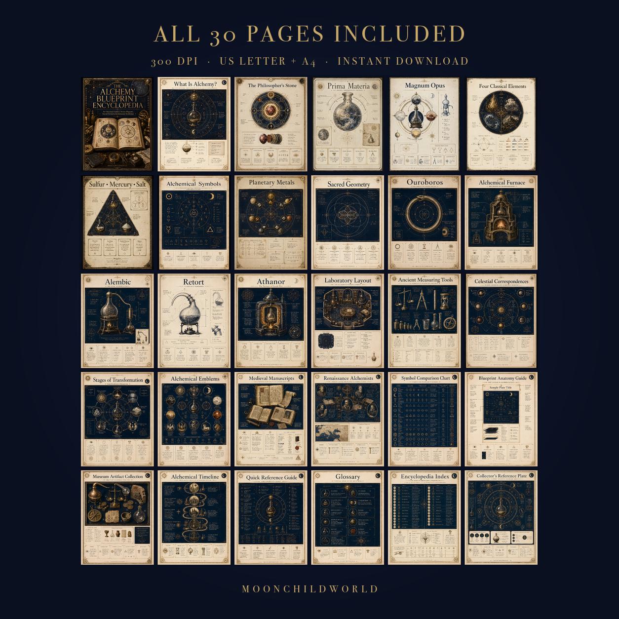 Thirty printable grimoire pages featuring vintage alchemical symbols, diagrams, and gold illustrations on aged parchment.