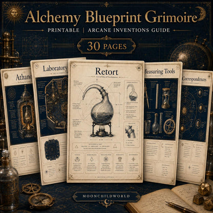 Printable alchemy grimoire pages featuring vintage technical illustrations, gold and indigo diagrams, and aged parchment textures.
