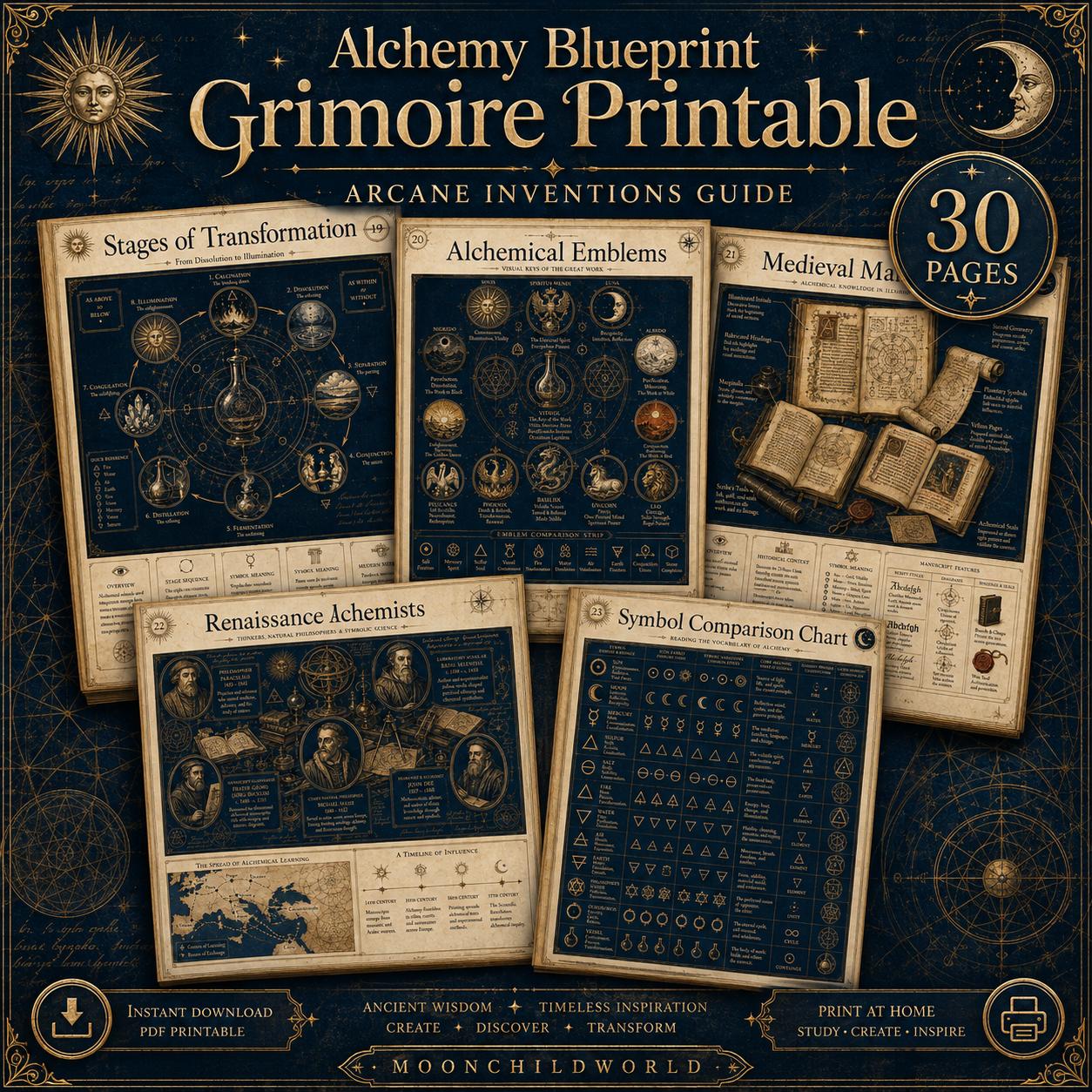 Thirty pages of printable alchemy grimoire sheets featuring antique parchment, gold symbols, and indigo blueprints.