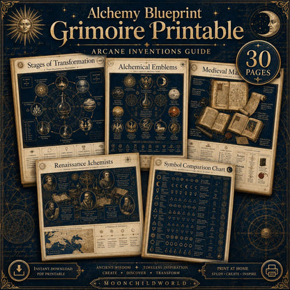 Thirty pages of printable alchemy grimoire sheets featuring antique parchment, gold symbols, and indigo blueprints.
