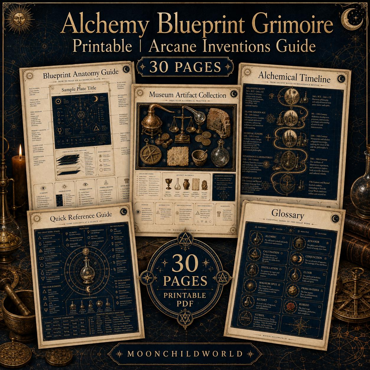 Thirty pages of printable alchemy grimoire sheets featuring antique parchment, deep indigo backgrounds, and gold symbols.