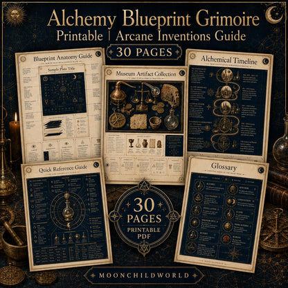 Thirty pages of printable alchemy grimoire sheets featuring antique parchment, deep indigo backgrounds, and gold symbols.