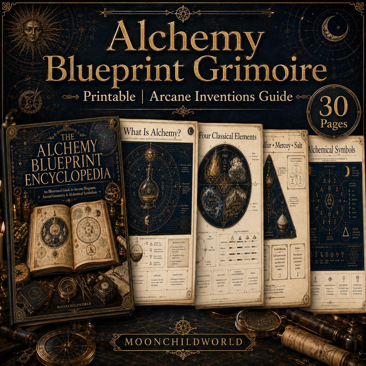 Alchemy Blueprint Grimoire pages featuring vintage parchment, gold ink, and detailed alchemical diagrams on a dark background.