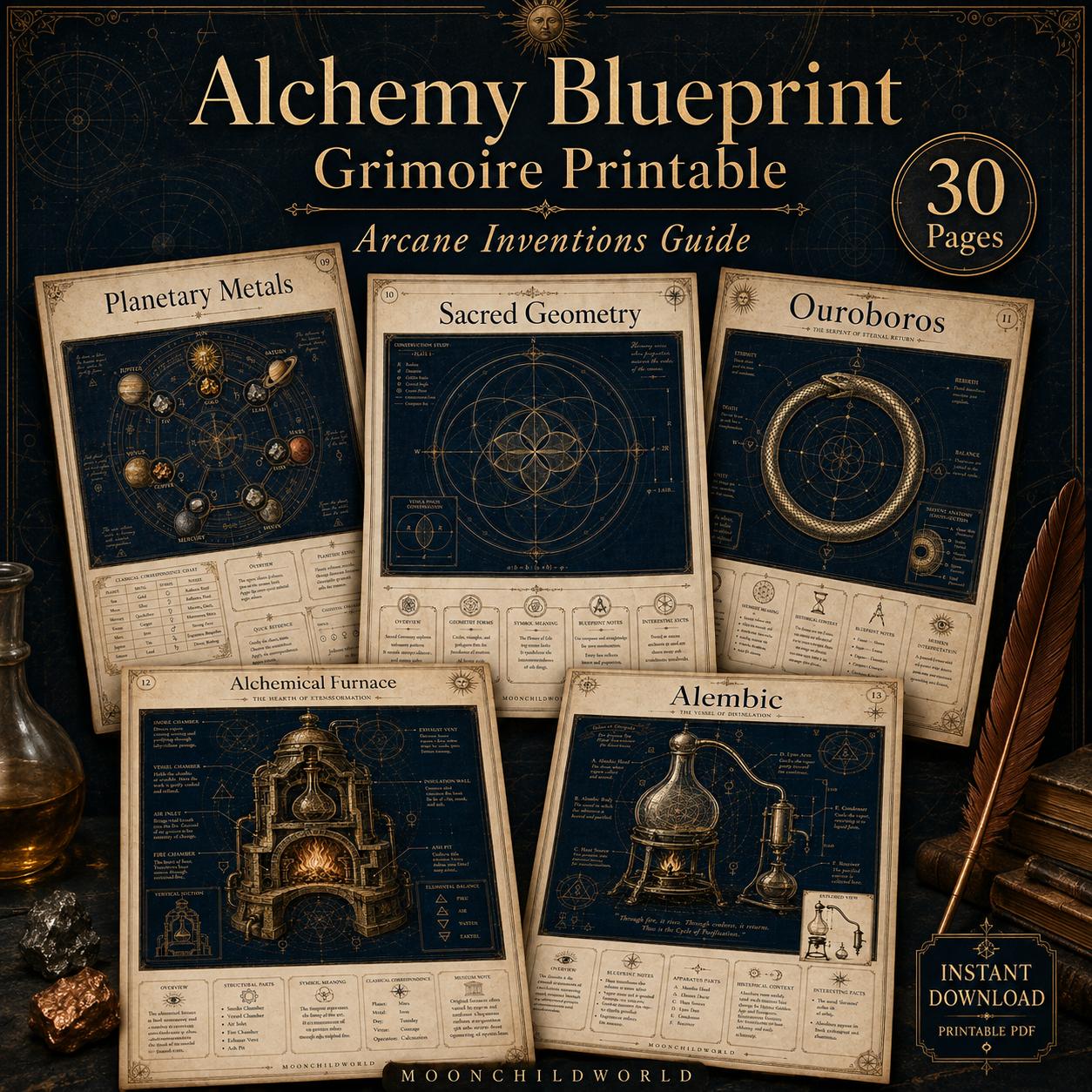 Thirty pages of printable alchemy grimoire sheets featuring antique parchment, deep indigo blueprints, and gold symbols.
