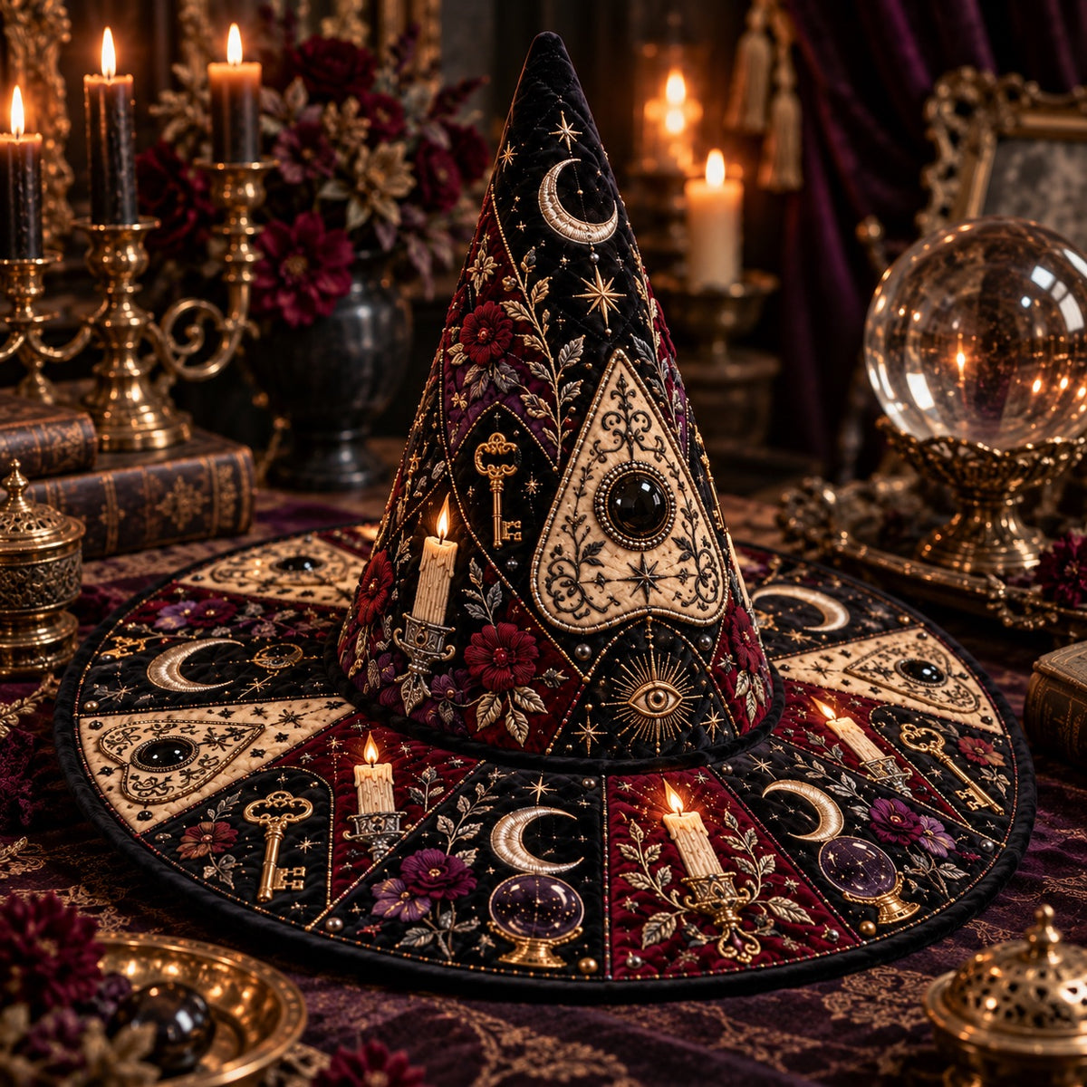 All Seeing Eye Quilted Witch Hat – Planchette Witchcraft Wide Brim Hat – styled with candles and crystals