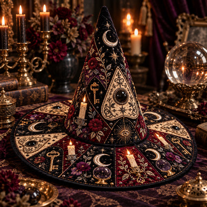 All Seeing Eye Quilted Witch Hat – Planchette Witchcraft Wide Brim Hat – styled with candles and crystals