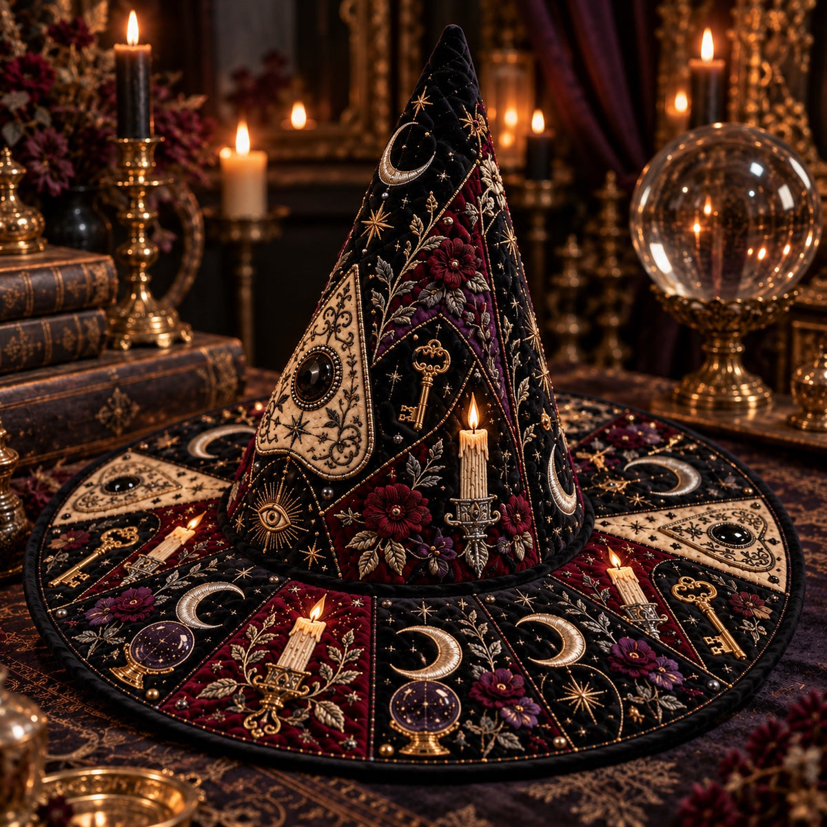 All Seeing Eye Quilted Witch Hat – Planchette Witchcraft Wide Brim Hat – styled with candles and crystals