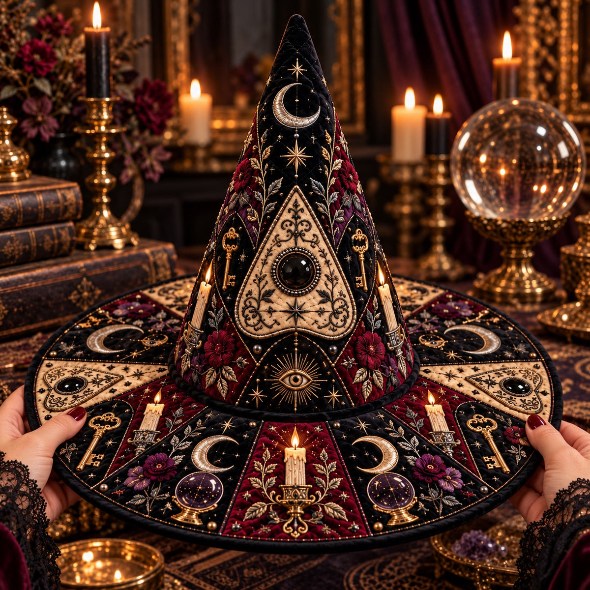 All Seeing Eye Quilted Witch Hat – Planchette Witchcraft Wide Brim Hat – held in both hands