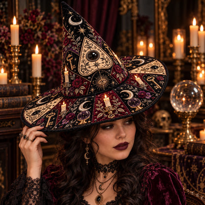 All Seeing Eye Quilted Witch Hat – Planchette Witchcraft Wide Brim Hat – worn by a model