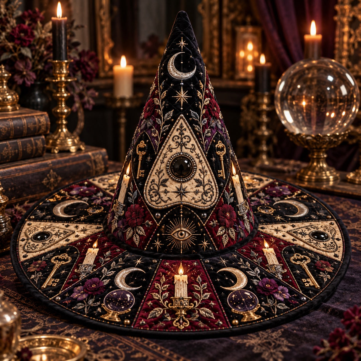 All Seeing Eye Quilted Witch Hat – Planchette Witchcraft Wide Brim Hat – on an altar table