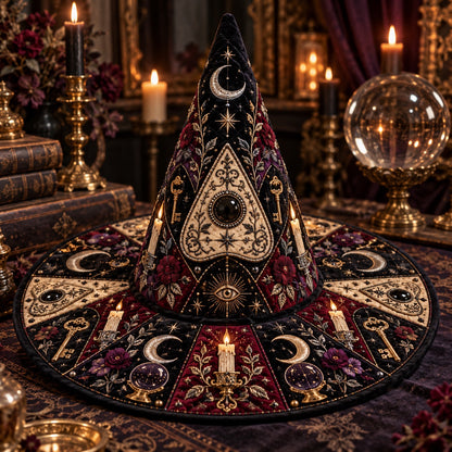 All Seeing Eye Quilted Witch Hat – Planchette Witchcraft Wide Brim Hat – on an altar table