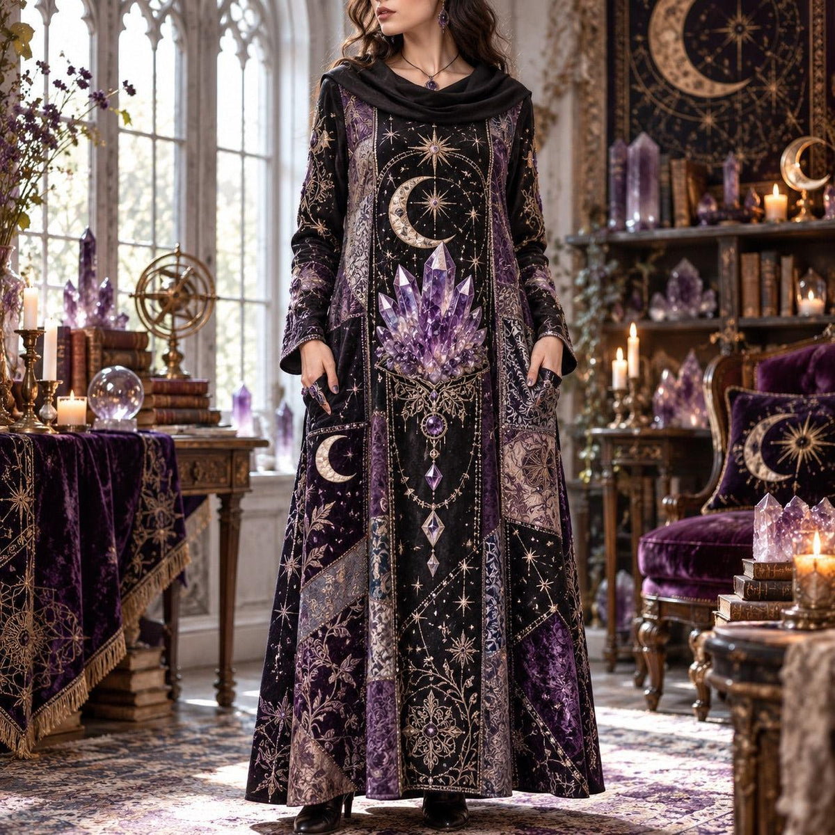 Amethyst Crescent Moon Celestial Cowl Neck Dress – Witchy Gothic Maxi – worn, front view