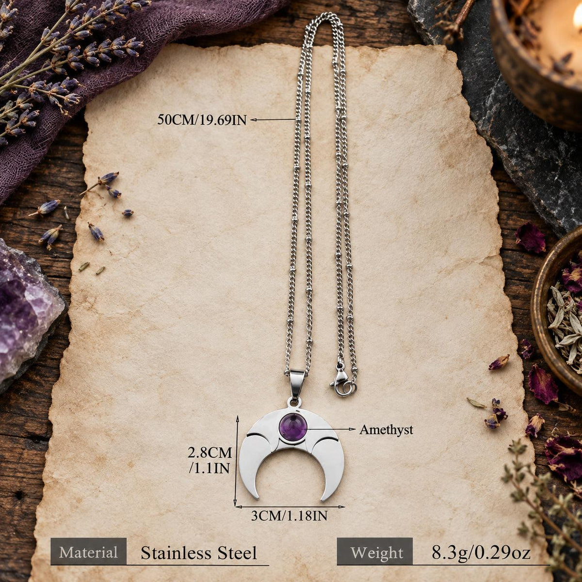 Amethyst crescent moon necklace size chart with pendant dimensions, chain length and weight in a witchy altar setting