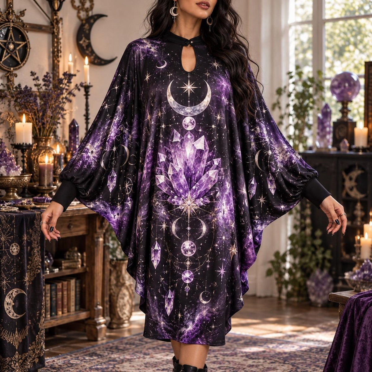 Amethyst Crystal Celestial Batwing Dress – Witchy Gothic Moon Midi – worn, front view