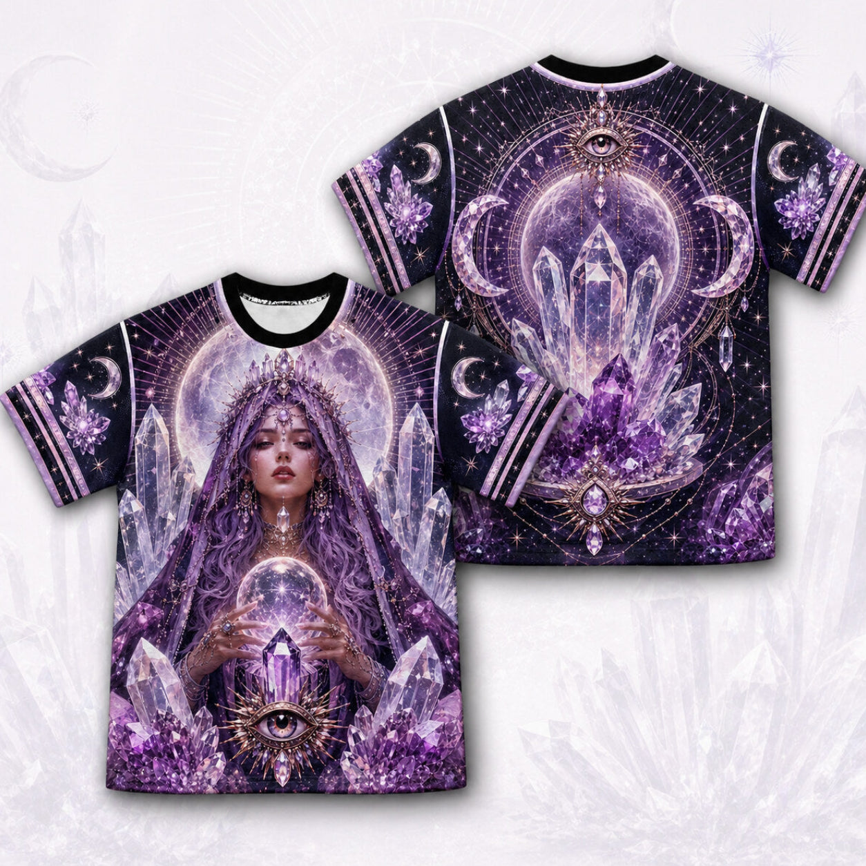 Amethyst Crystal Priestess T-Shirt All Seeing Eye Purple Tee front and back together
