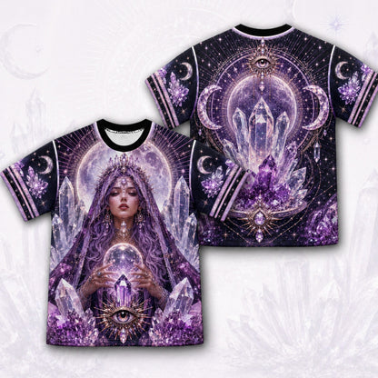 Amethyst Crystal Priestess T-Shirt All Seeing Eye Purple Tee front and back together