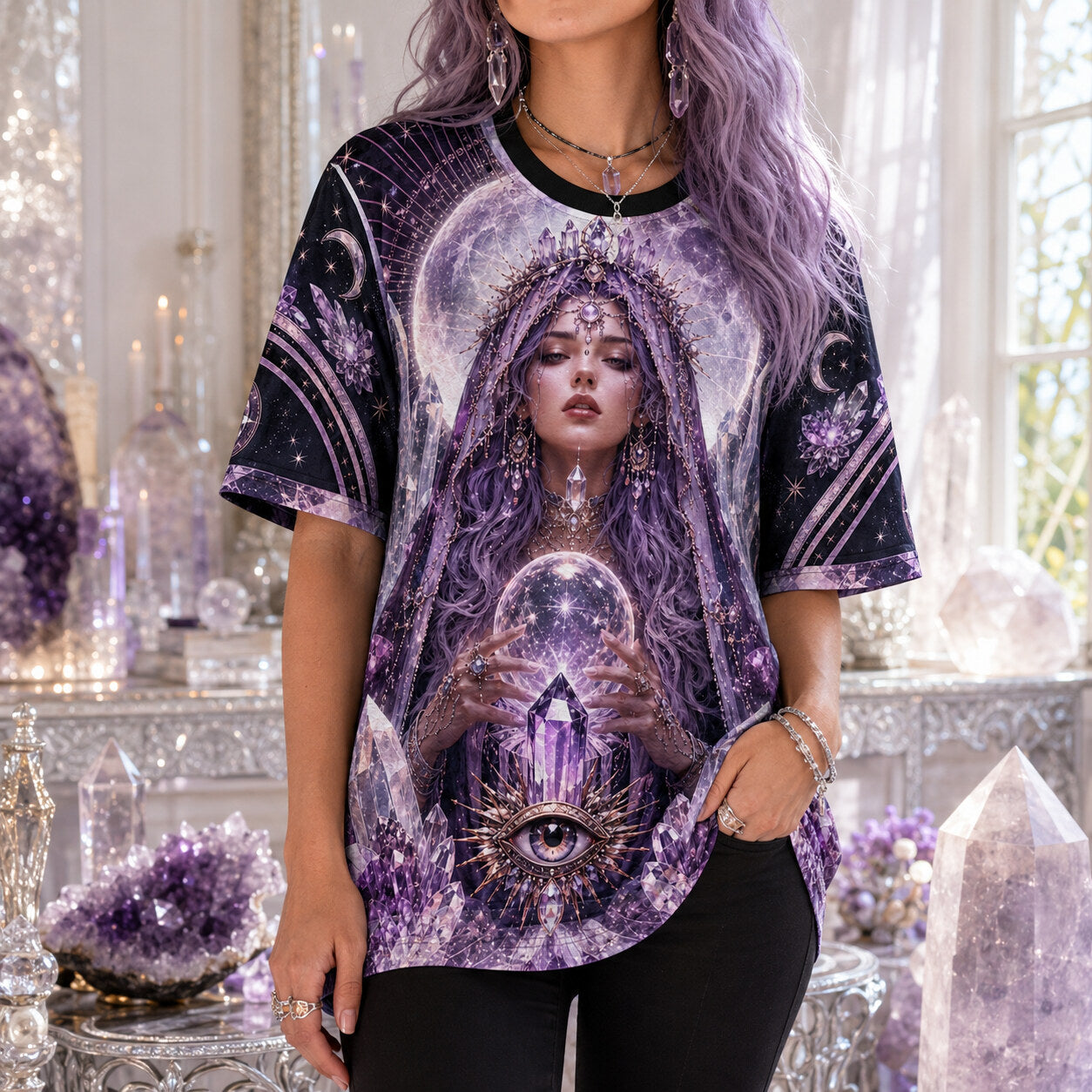 Amethyst Crystal Priestess T-Shirt All Seeing Eye Purple Tee worn, front view