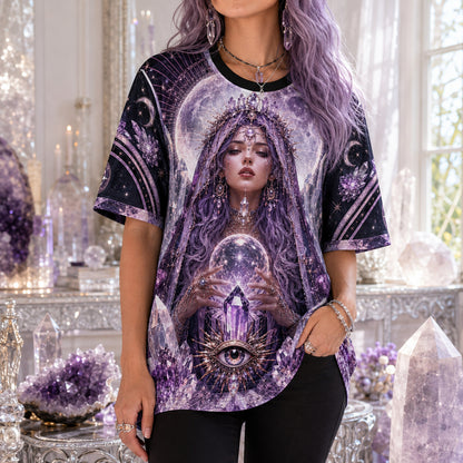 Amethyst Crystal Priestess T-Shirt All Seeing Eye Purple Tee worn, front view