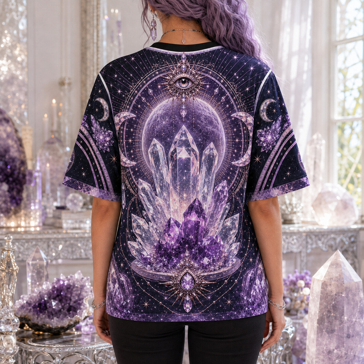 Amethyst Crystal Priestess T-Shirt All Seeing Eye Purple Tee worn, back view