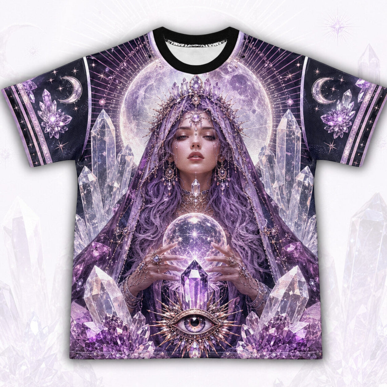 Amethyst Crystal Priestess T-Shirt All Seeing Eye Purple Tee front view