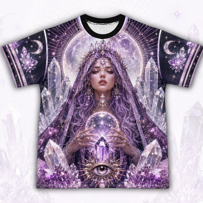 Amethyst Crystal Priestess T-Shirt All Seeing Eye Purple Tee front view