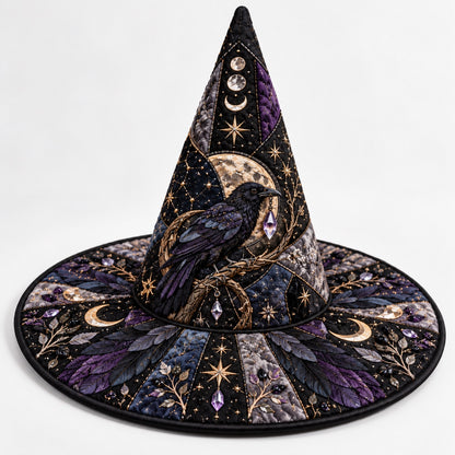 Amethyst Oracle Quilted Witch Hat – Raven Divination Wide Brim Hat – studio shot on a white background