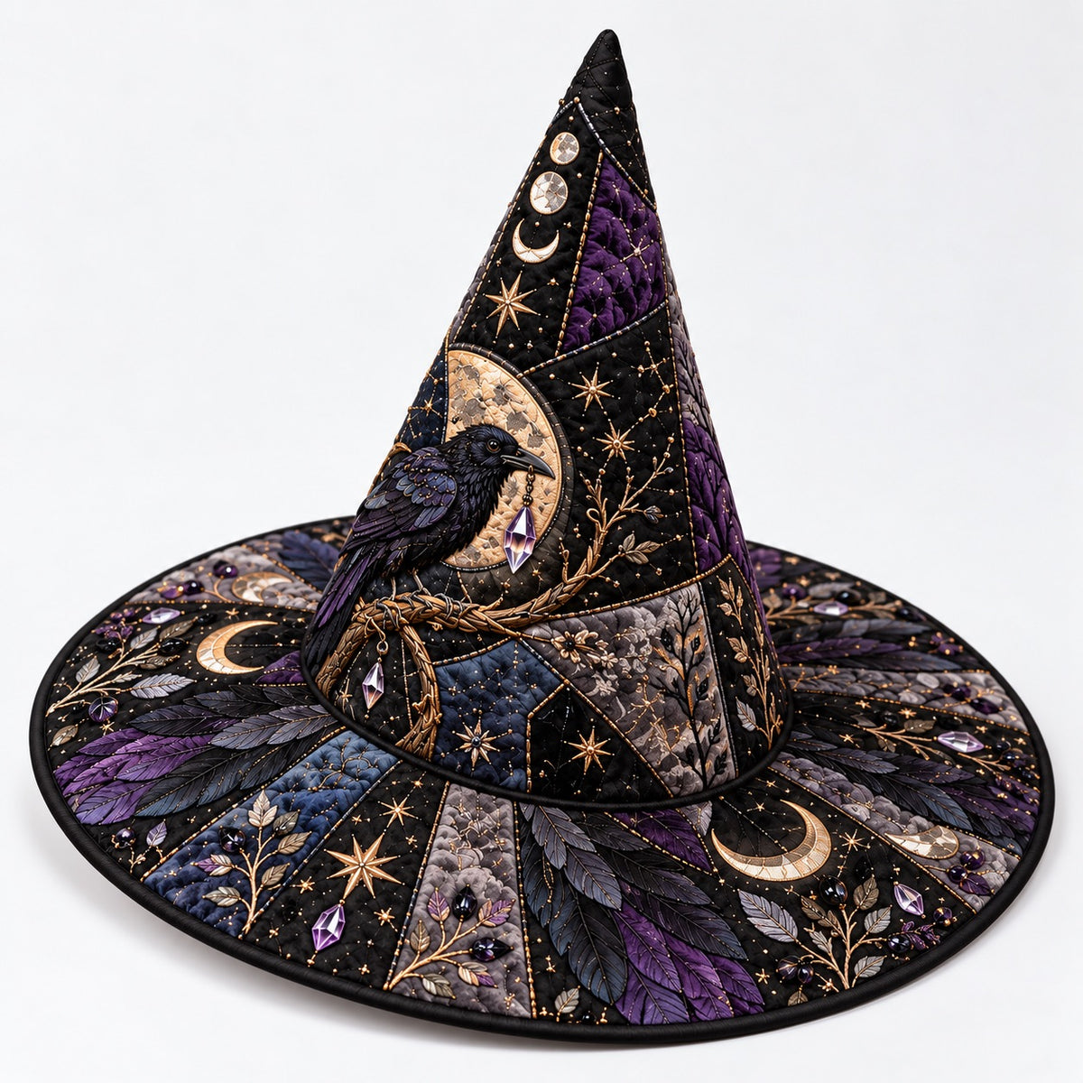 Amethyst Oracle Quilted Witch Hat – Raven Divination Wide Brim Hat – studio shot on a white background