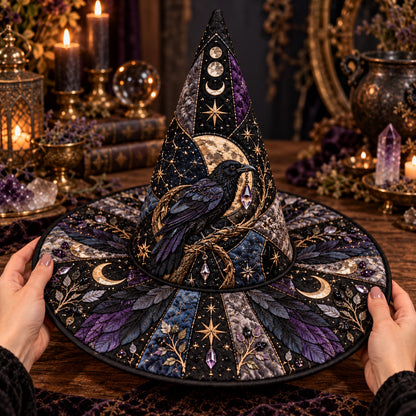 Amethyst Oracle Quilted Witch Hat – Raven Divination Wide Brim Hat – held in both hands