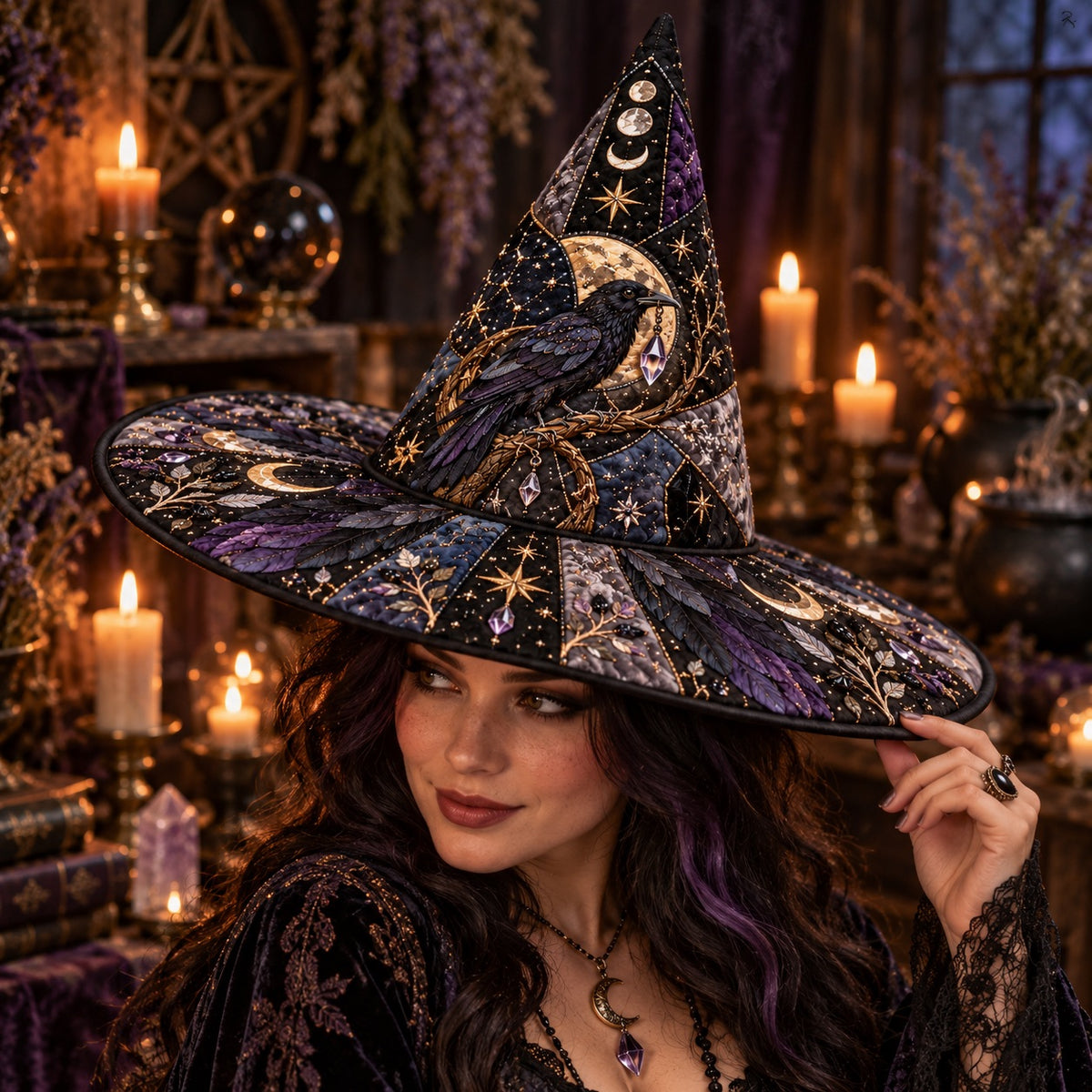 Amethyst Oracle Quilted Witch Hat – Raven Divination Wide Brim Hat – worn by a model