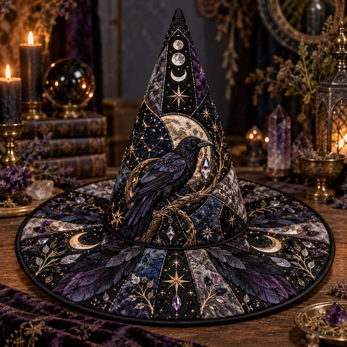 Amethyst Oracle Quilted Witch Hat – Raven Divination Wide Brim Hat – styled with candles and crystals