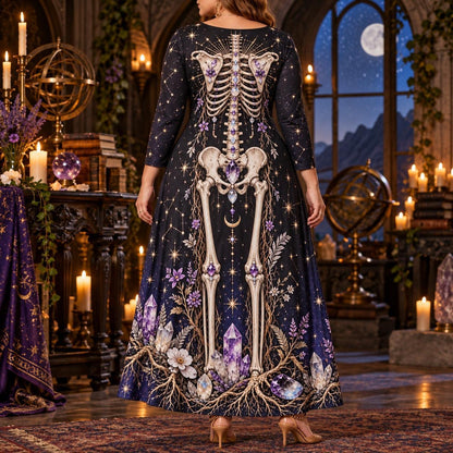 Amethyst Skeleton Plus Size Witch Dress – Celestial Long Sleeve Maxi – worn, back view