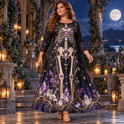 Amethyst Skeleton Plus Size Witch Dress – Celestial Long Sleeve Maxi – worn, in motion