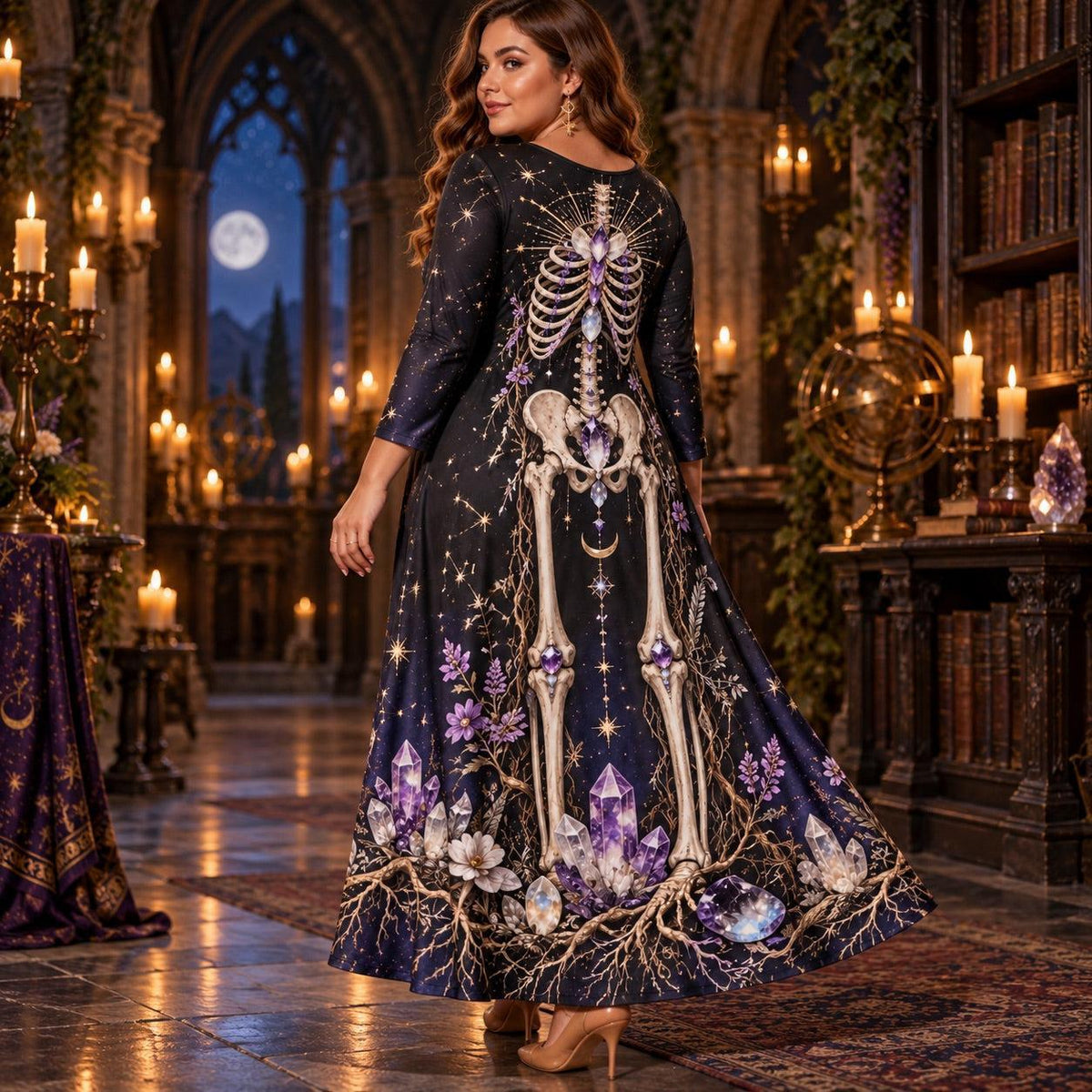 Amethyst Skeleton Plus Size Witch Dress – Celestial Long Sleeve Maxi – worn, three quarter view