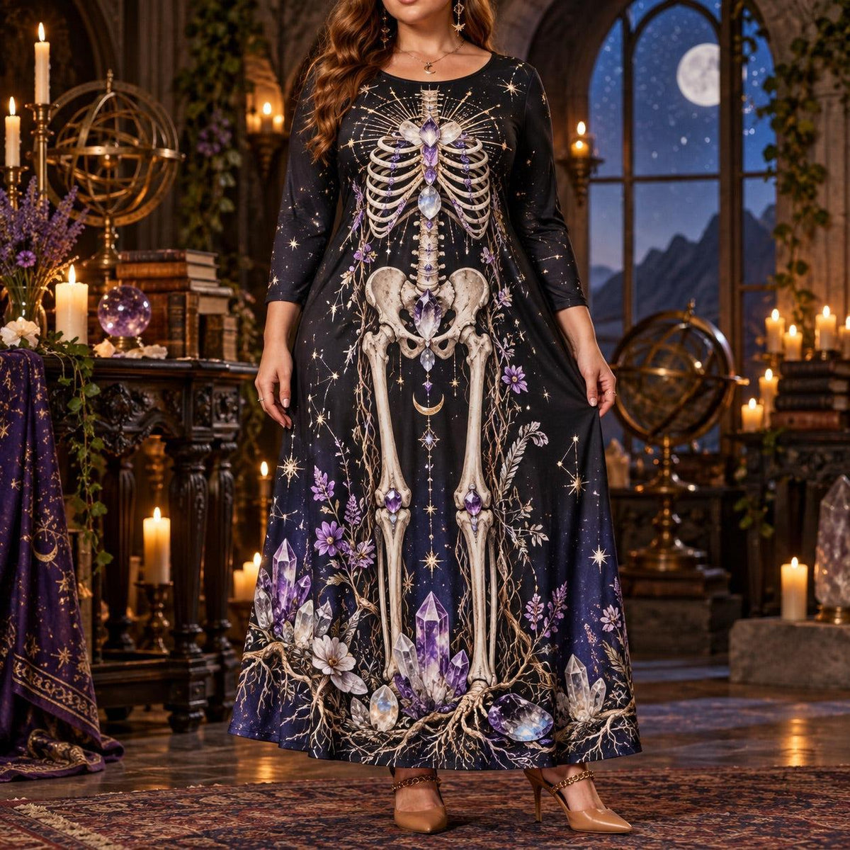 Amethyst Skeleton Plus Size Witch Dress – Celestial Long Sleeve Maxi – worn, front view