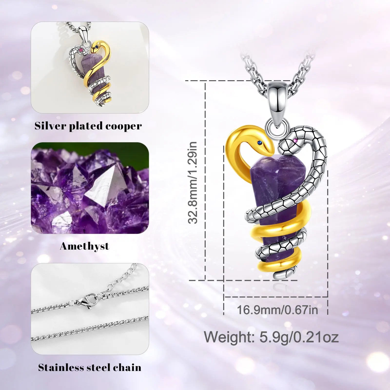 Amethyst Snake Necklace Energy Healing Crystal Stone Witchy Necklace Pagan Jewelry Spiritual Gift for Witch-MoonChildWorld