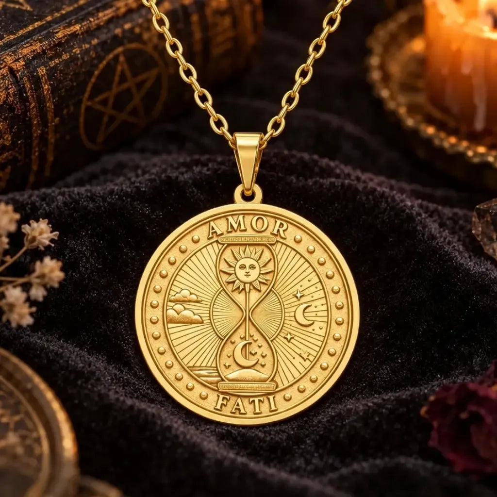 Gold Amor Fati necklace on a gothic velvet altar with pendant dimensions