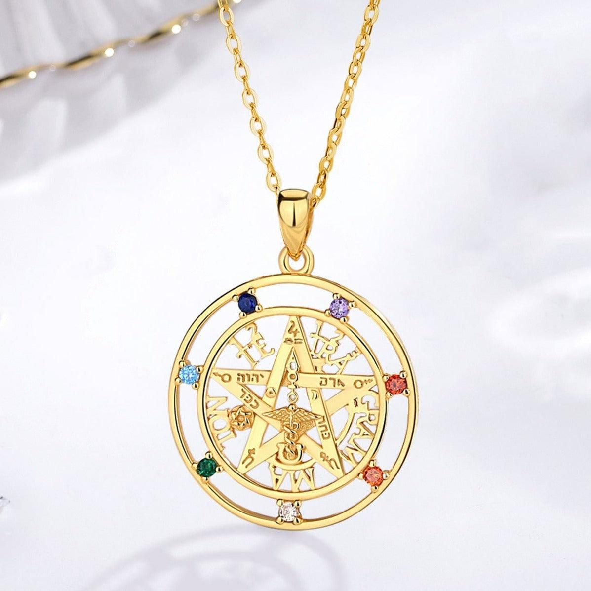 Amulet 7 Color Chakra Pentacle Necklace 18K Gold-MoonChildWorld