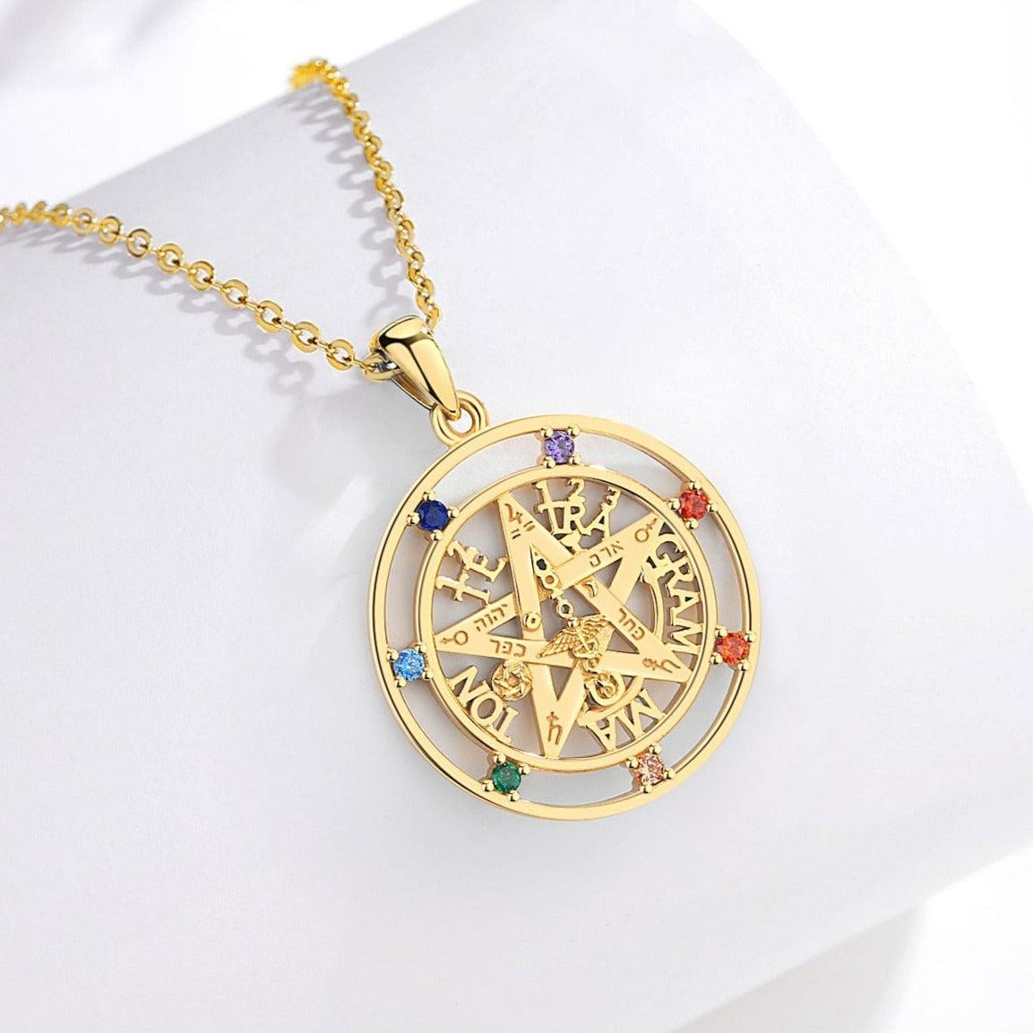 Amulet 7 Color Chakra Pentacle Necklace 18K Gold-MoonChildWorld