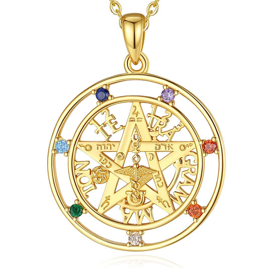 Amulet 7 Color Chakra Pentacle Necklace 18K Gold