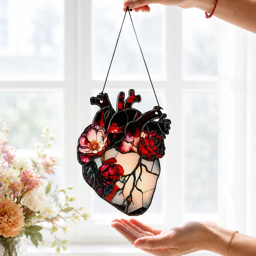 Anatomical heart suncatcher hanging in a sunlit window