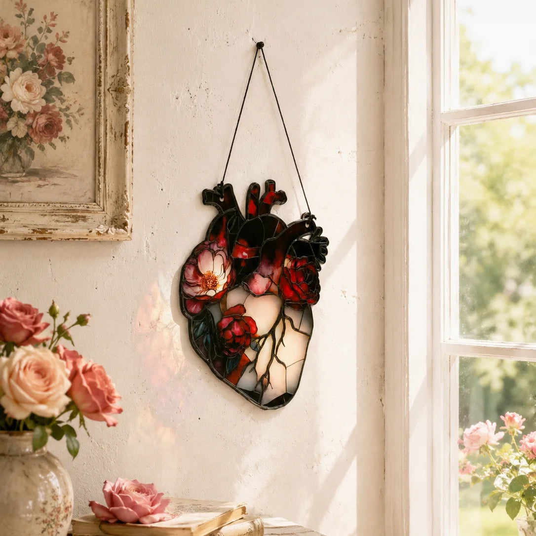 Close-up of the rose detail on the gothic heart suncatcher