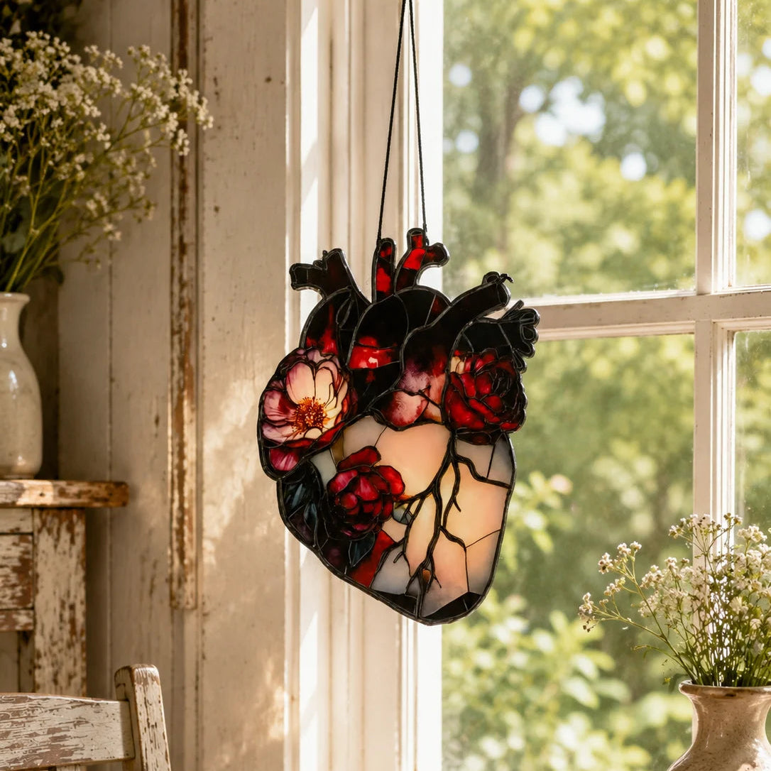 Vintage botanical heart window hanging shown backlit